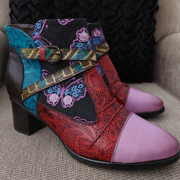 Socofy Shoes - SOCOFY GENUINE LEATHER EMBROIDERED ANKLE BOOTS